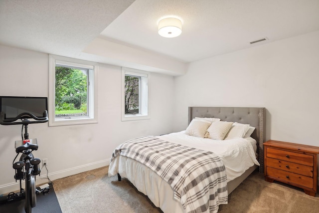 carpeted bedroom with visible vents, a textured ceiling, and baseboards