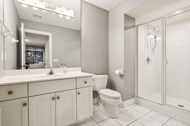 full bath with toilet, vanity, visible vents, tile patterned floors, and a stall shower