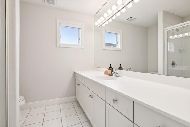 bathroom featuring toilet, tile patterned flooring, visible vents, and an enclosed shower