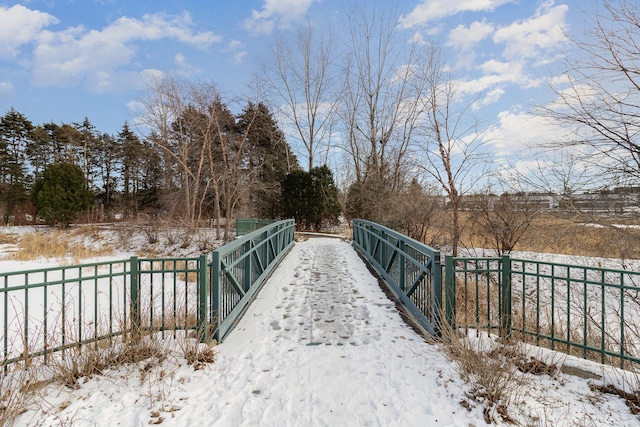 yard covered in snow featuring fence and a gate