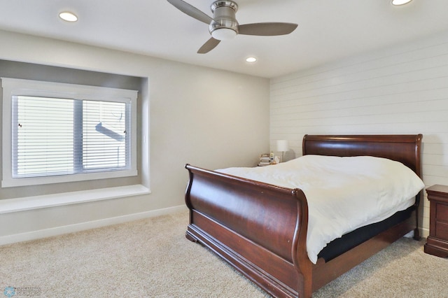 carpeted bedroom with baseboards, a ceiling fan, and recessed lighting