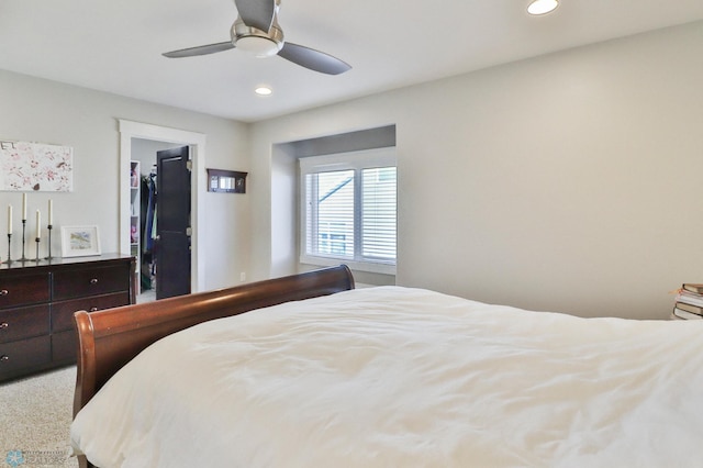 bedroom with ceiling fan, a spacious closet, carpet floors, a closet, and recessed lighting