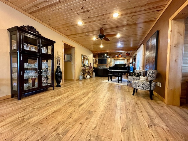 living area with hardwood / wood-style flooring, wood ceiling, ceiling fan, ornamental molding, and recessed lighting