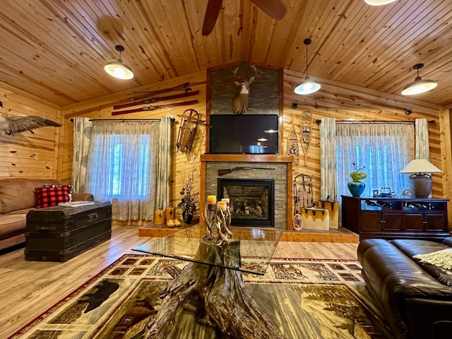 living area with wood walls, wood ceiling, vaulted ceiling, and wood finished floors