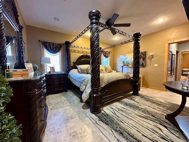 bedroom featuring ceiling fan, baseboards, and recessed lighting