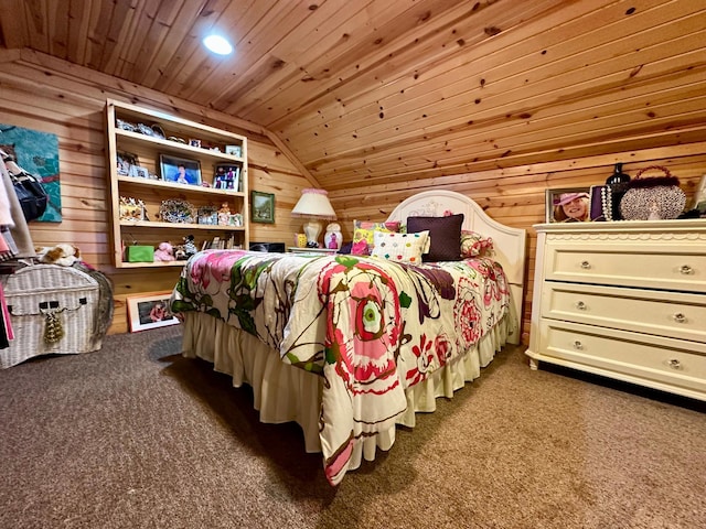 bedroom featuring wood ceiling, carpet, wooden walls, and lofted ceiling