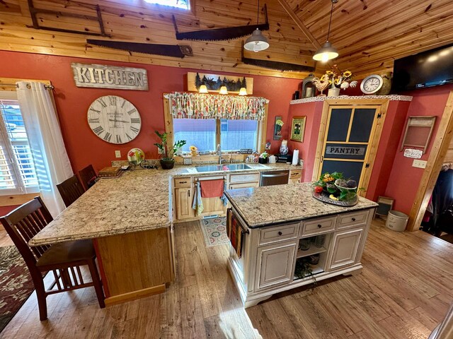 kitchen featuring wood ceiling, a breakfast bar, wood finished floors, hanging light fixtures, and a sink