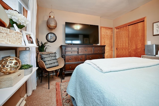 bedroom featuring a closet and light colored carpet