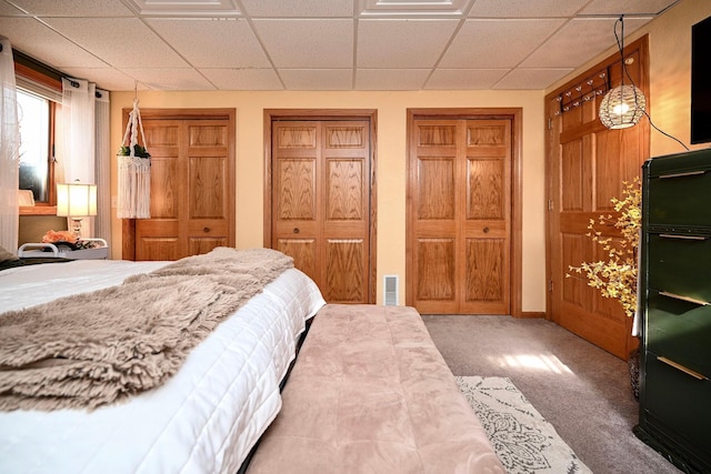 carpeted bedroom with a drop ceiling, two closets, visible vents, and baseboards