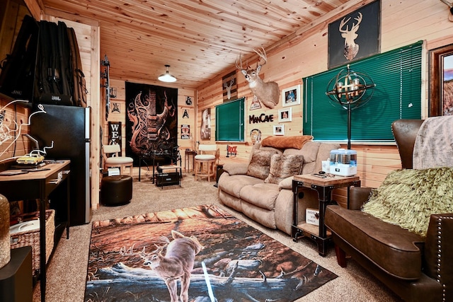 living area featuring carpet, wooden ceiling, a chandelier, and wooden walls