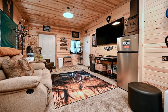 living area with wood walls, wood ceiling, and carpet flooring