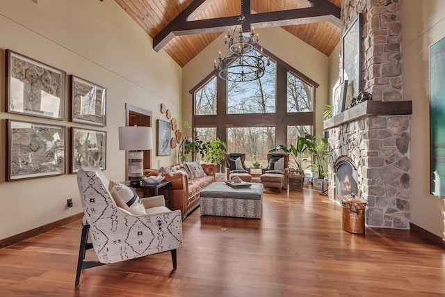 living room with a fireplace, a chandelier, wood ceiling, wood finished floors, and high vaulted ceiling