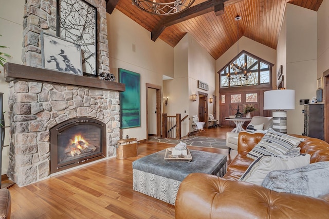 living room with high vaulted ceiling, wooden ceiling, a fireplace, wood finished floors, and beamed ceiling