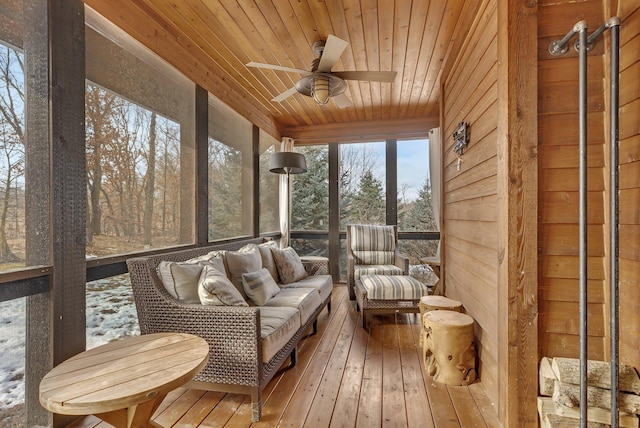 sunroom / solarium featuring wooden ceiling and a ceiling fan