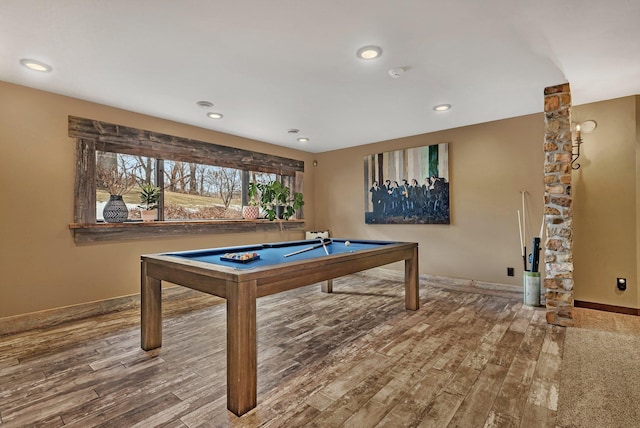 recreation room featuring recessed lighting, billiards, baseboards, and wood finished floors