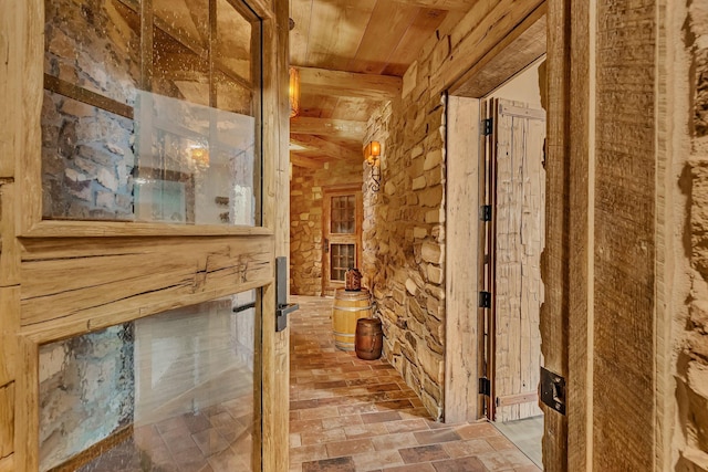 bathroom with wooden ceiling and beam ceiling