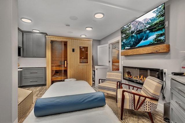 interior space with a glass covered fireplace and light wood-style floors