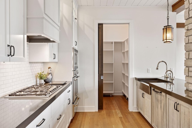 875 Lake St N Unit 402, Wayzata, MN 55391 - kitchen featuring appliances with stainless steel finishes, light wood finished floors, premium range hood, backsplash, and a sink
