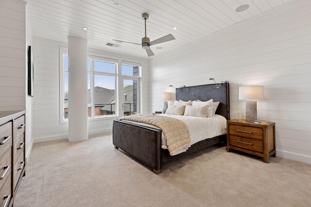 875 Lake St N Unit 402, Wayzata, MN 55391 - bedroom featuring a ceiling fan, wood ceiling, visible vents, and light colored carpet