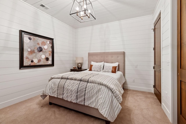 875 Lake St N Unit 402, Wayzata, MN 55391 - bedroom featuring carpet, a chandelier, baseboards, and wood walls