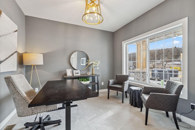 home office featuring carpet flooring, visible vents, and baseboards