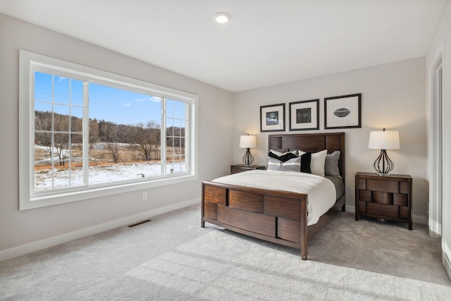 bedroom with carpet, visible vents, and baseboards