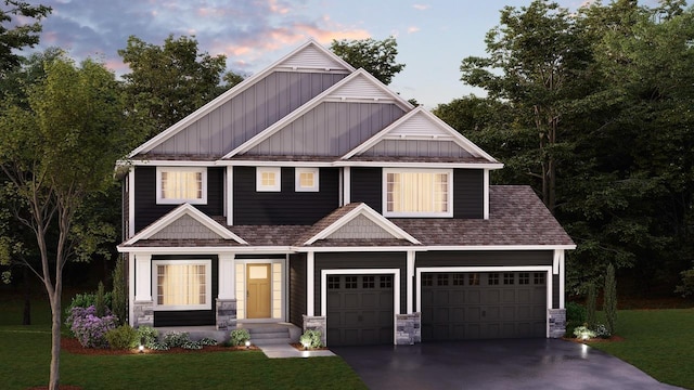 craftsman-style house featuring driveway, a garage, stone siding, roof with shingles, and a front yard