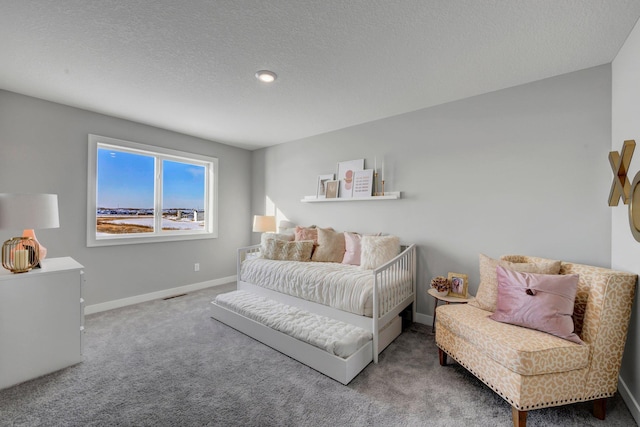 interior space with carpet, visible vents, a textured ceiling, and baseboards