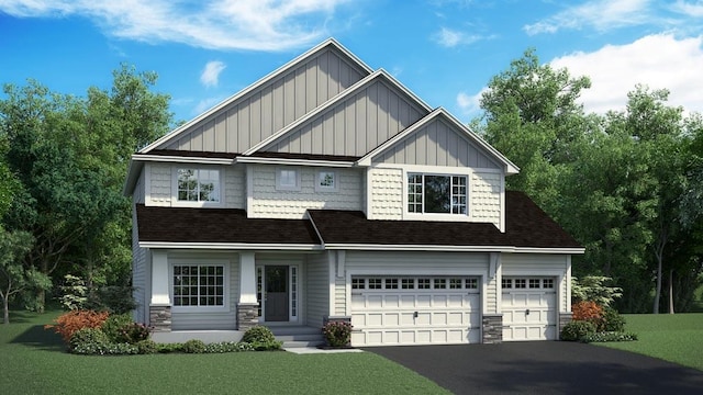 craftsman-style home featuring aphalt driveway, a garage, a shingled roof, stone siding, and a front lawn