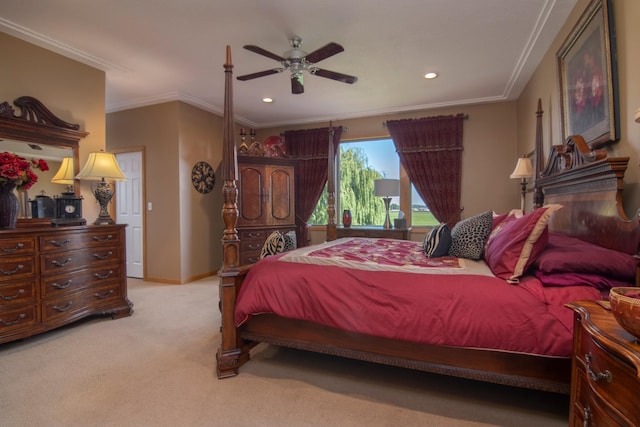 carpeted bedroom featuring baseboards, ornamental molding, a ceiling fan, and recessed lighting