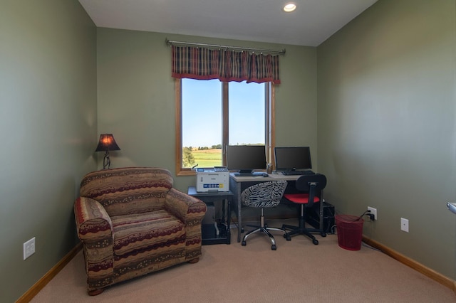 home office with carpet floors, recessed lighting, and baseboards