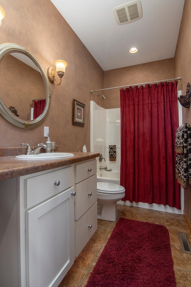 bathroom with shower / tub combo, visible vents, vanity, and toilet