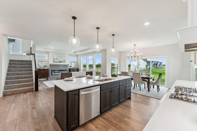 14355 Acer Ave, Rosemount, MN 55068 - kitchen featuring appliances with stainless steel finishes, light countertops, light wood-style floors, a glass covered fireplace, and a sink