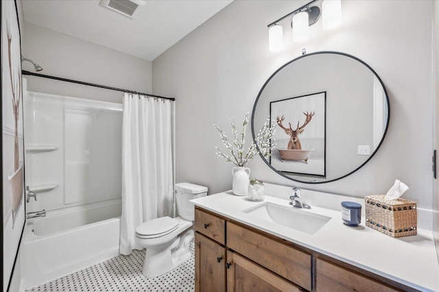 full bathroom featuring toilet, vanity, visible vents, and shower / bathtub combination with curtain