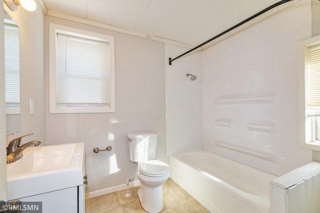 full bathroom featuring toilet, washtub / shower combination, baseboards, and vanity