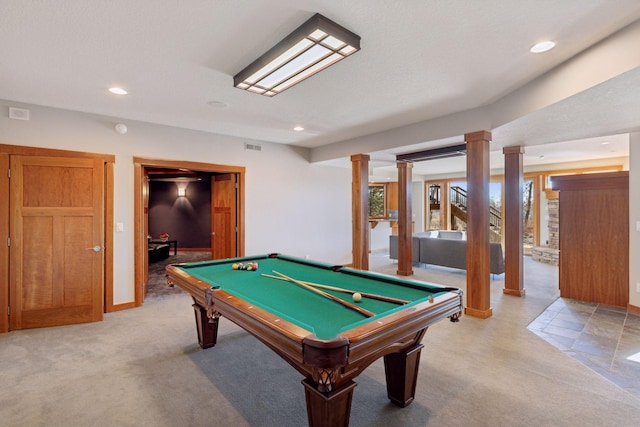 6 Black Lake Rd, North Oaks, MN 55127 - recreation room featuring decorative columns, recessed lighting, billiards table, light colored carpet, and baseboards
