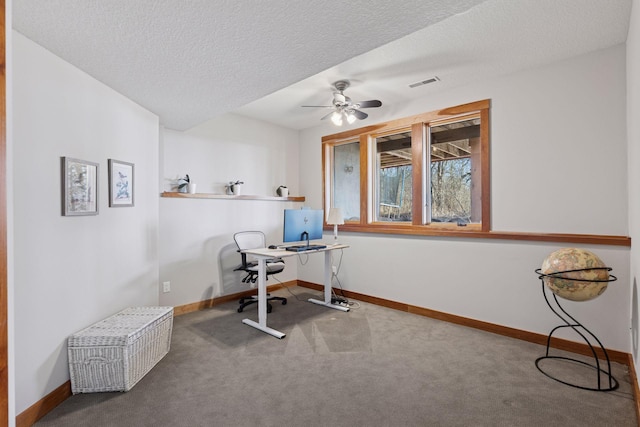 6 Black Lake Rd, North Oaks, MN 55127 - home office featuring ceiling fan, carpet, baseboards, and a textured ceiling