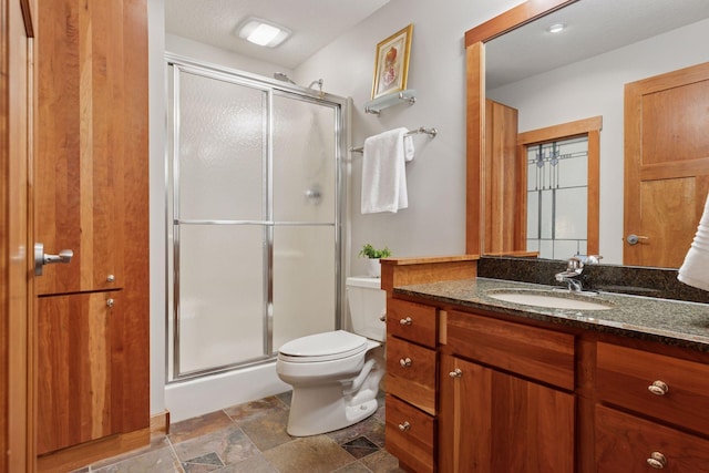 6 Black Lake Rd, North Oaks, MN 55127 - bathroom featuring a stall shower, toilet, vanity, and stone finish flooring