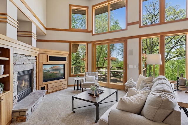 6 Black Lake Rd, North Oaks, MN 55127 - living area with a towering ceiling, plenty of natural light, a fireplace, and carpet