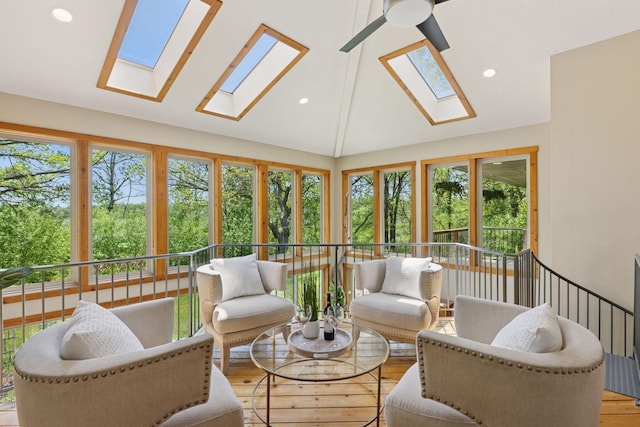 6 Black Lake Rd, North Oaks, MN 55127 - sunroom with a skylight, wood finished floors, recessed lighting, and high vaulted ceiling