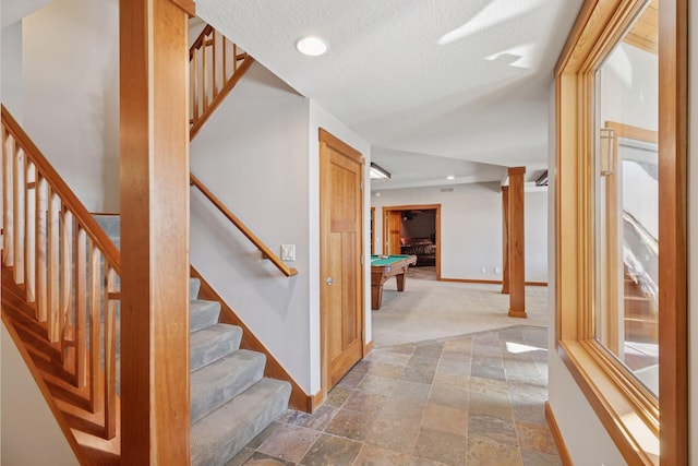 6 Black Lake Rd, North Oaks, MN 55127 - corridor featuring baseboards, stairs, recessed lighting, and stone finish flooring
