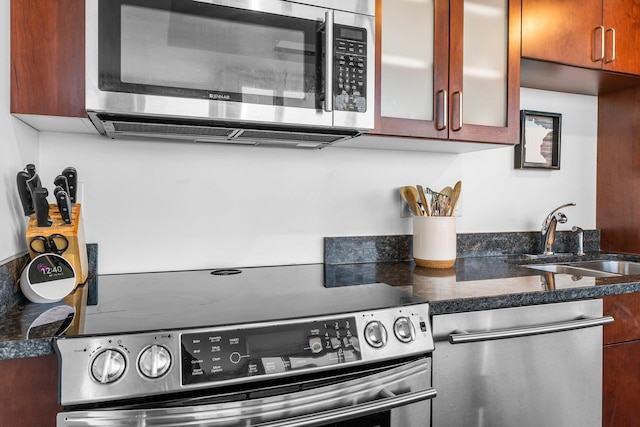 kitchen with stainless steel appliances, glass insert cabinets, and a sink