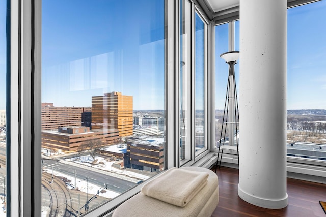 interior space featuring a city view and wood finished floors