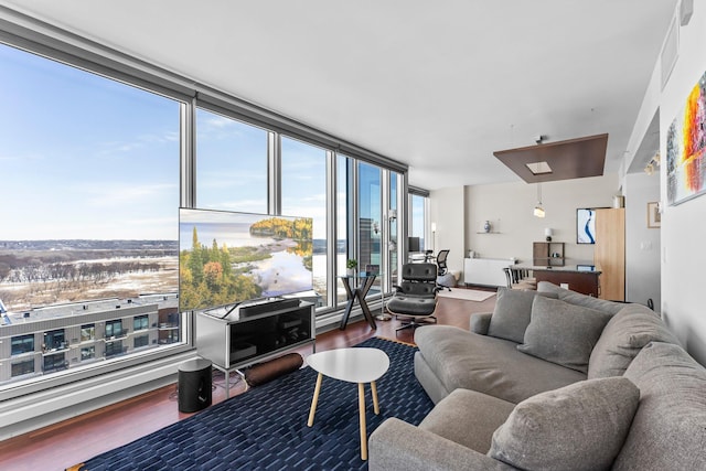 living room featuring expansive windows and wood finished floors