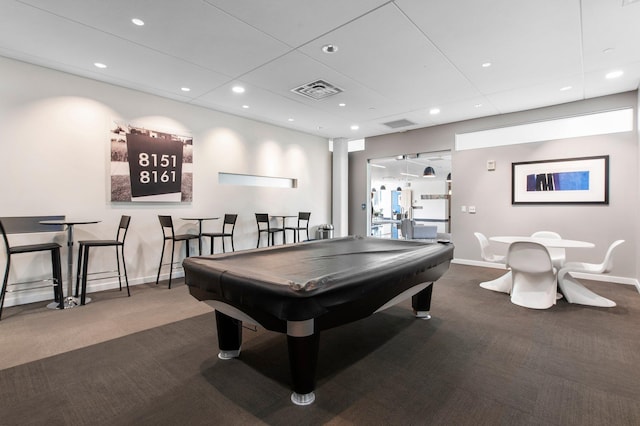 recreation room featuring billiards, visible vents, baseboards, recessed lighting, and carpet flooring