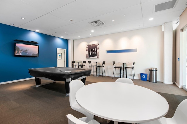 game room featuring recessed lighting, visible vents, baseboards, and carpet flooring