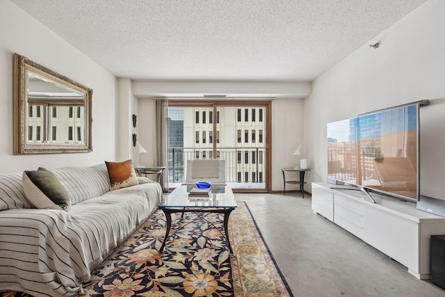 living room featuring a textured ceiling