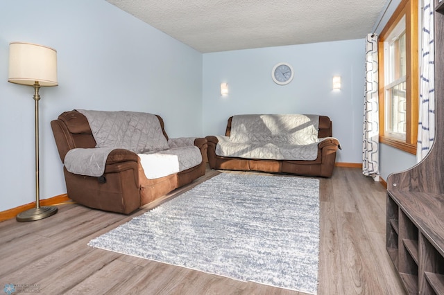 living area with a textured ceiling, baseboards, and wood finished floors