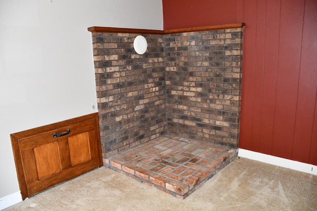 room details featuring carpet floors, wooden walls, and baseboards