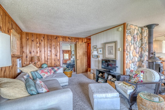 carpeted living area with a wood stove and a textured ceiling